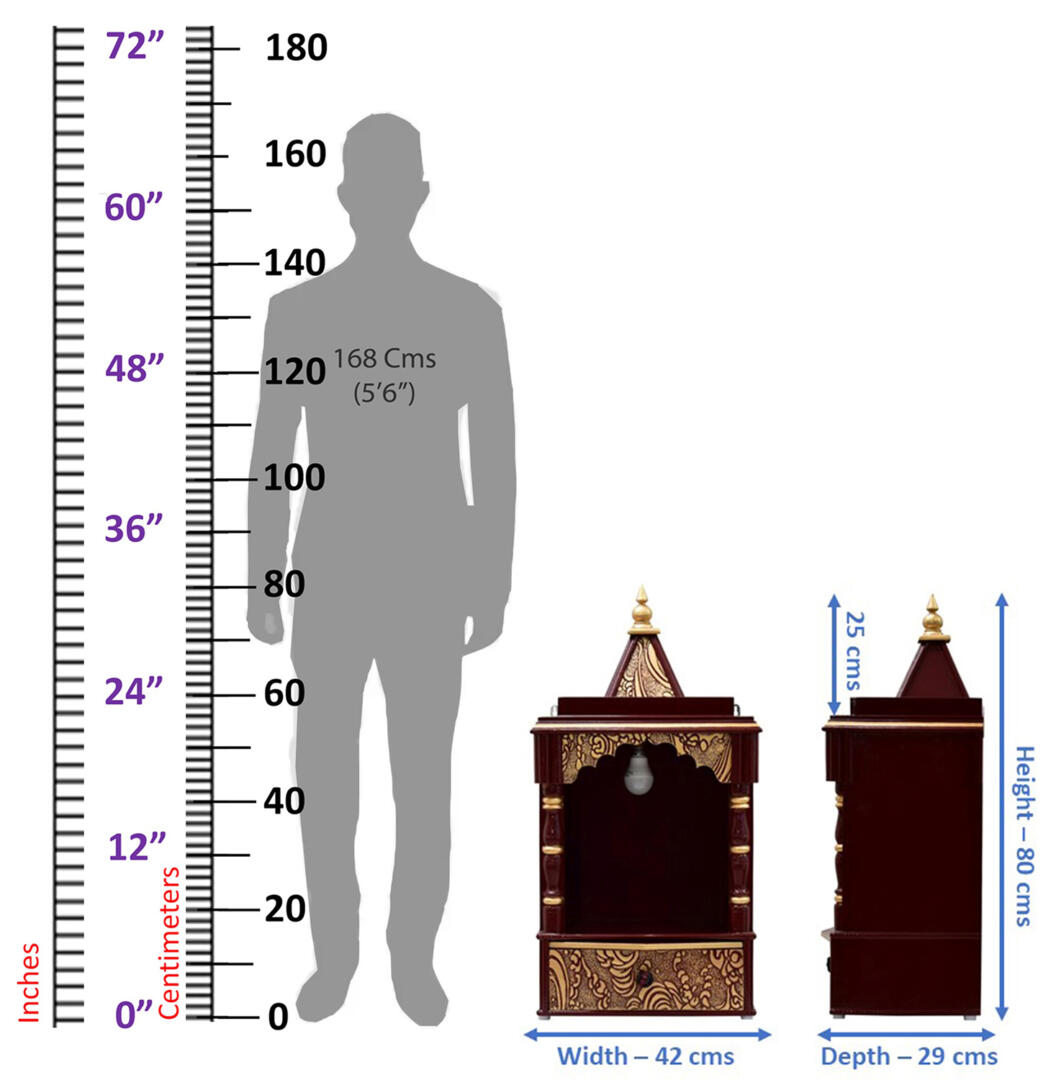 Brown-Golden Pooja Temple/Mandir with Tray and One Drawer - Side Closed - Image 6